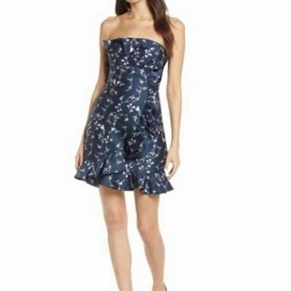 Keepsake The Label Navy Blue Floral Ruffle Strapless Mini Dress Size 6 - Picture 1 of 8